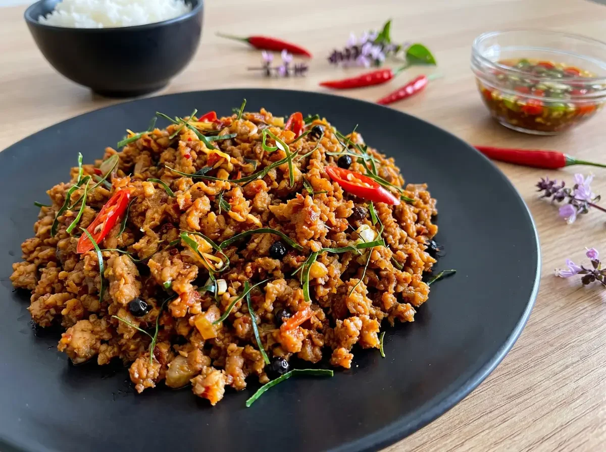 Ein schwarzer Teller mit Khua Kling. Das trockene, scharfe thailändische Hackfleisch-Curry ist appetitlich mit feinen grünen Kaffirlimettenblättern, ganzen Pfefferkörnern und roten Chilis garniert.
