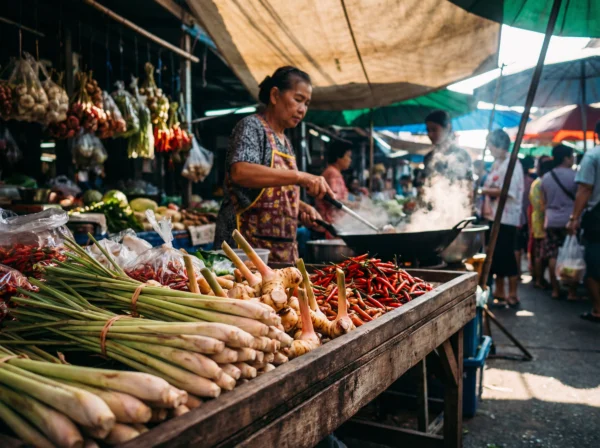 Authentische Markt-Szene in Thailand: Frisches Zitronengras, Galgant und rote Chilis auf einem Holztisch im Vordergrund, während eine Frau im Hintergrund an einer dampfenden Garküche im Wok kocht.