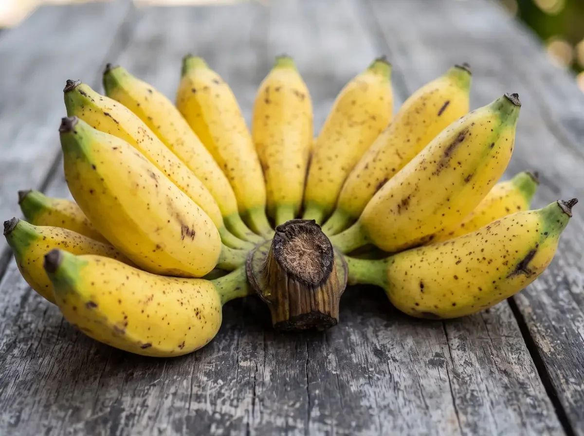 Ein Büschel frische, gelbe Nam Wa Bananen mit ersten braunen Punkten auf einem Holztisch – der ideale Reifegrad für sonnengetrocknete Bananen.