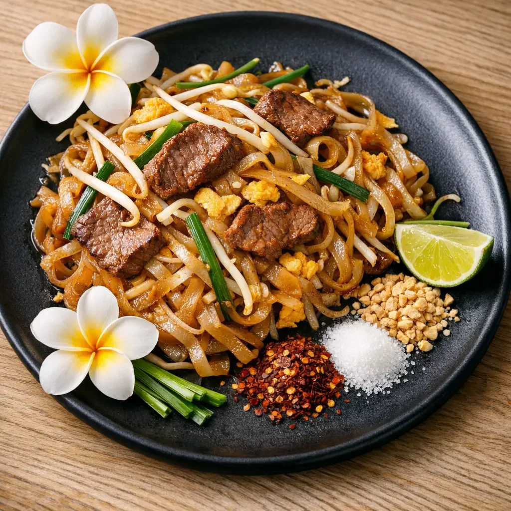 Pad Thai mit Reisnudeln, Rindfleisch, Sojasprossen, Ei, Limette, Erdnüssen und Chili, serviert auf einem schwarzen Teller.