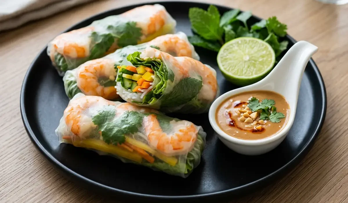 Sommerrollen mit Garnelen auf schwarzem Teller mit Kräutern, Limette und cremigem Erdnussdip