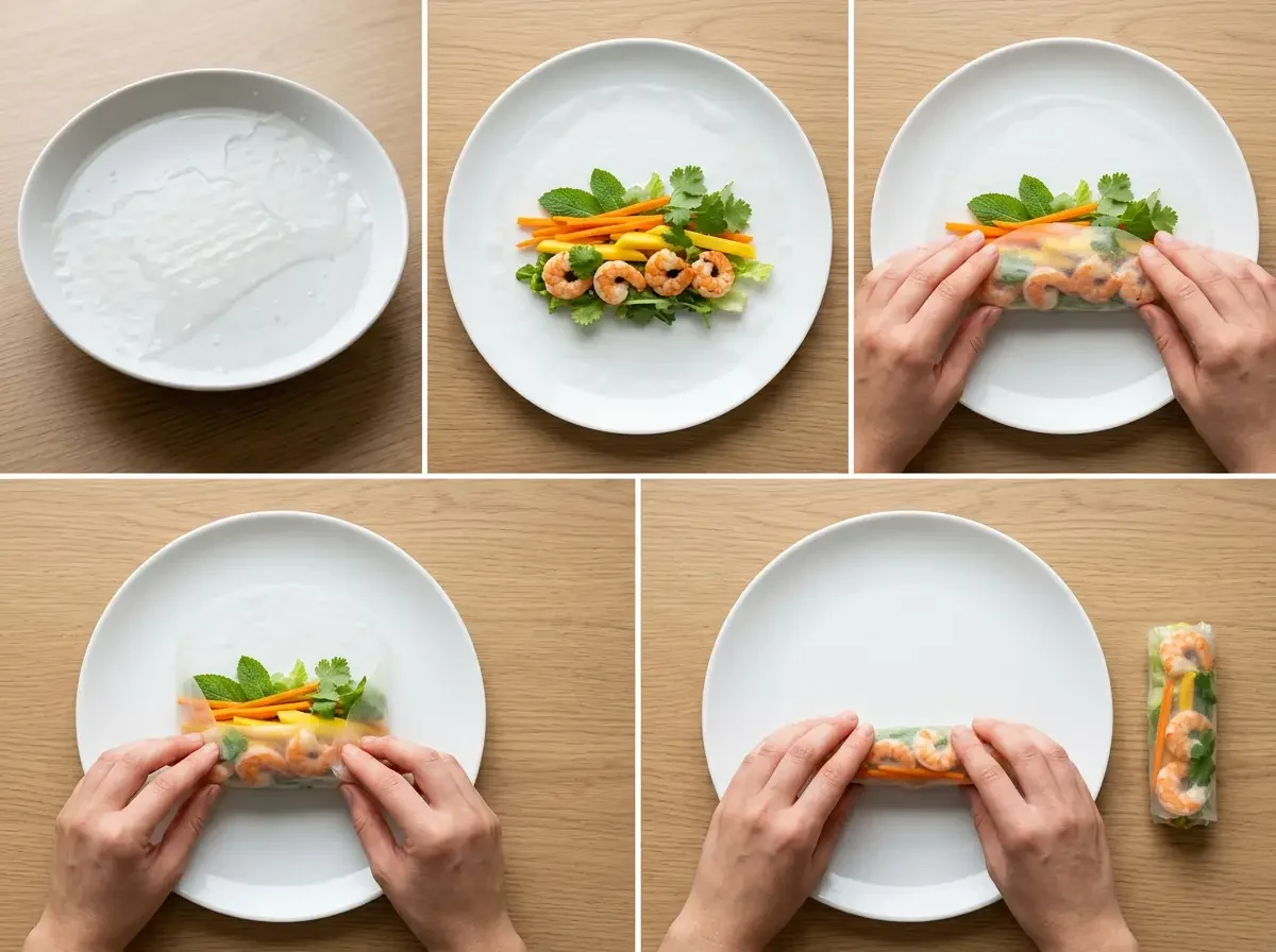 Schritt-für-Schritt-Anleitung für Sommerrollen mit Garnelen mit Reispapier, Gemüse, Kräutern und Garnelen