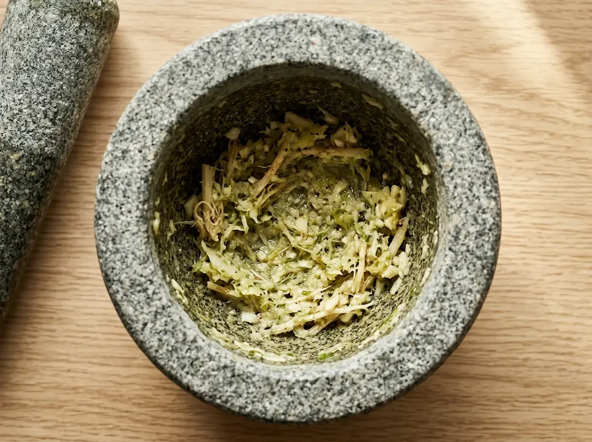 Gewürzpaste für thailändisches Grillhähnchen im Mörser aus Knoblauch, Kräutern und aromatischen Zutaten