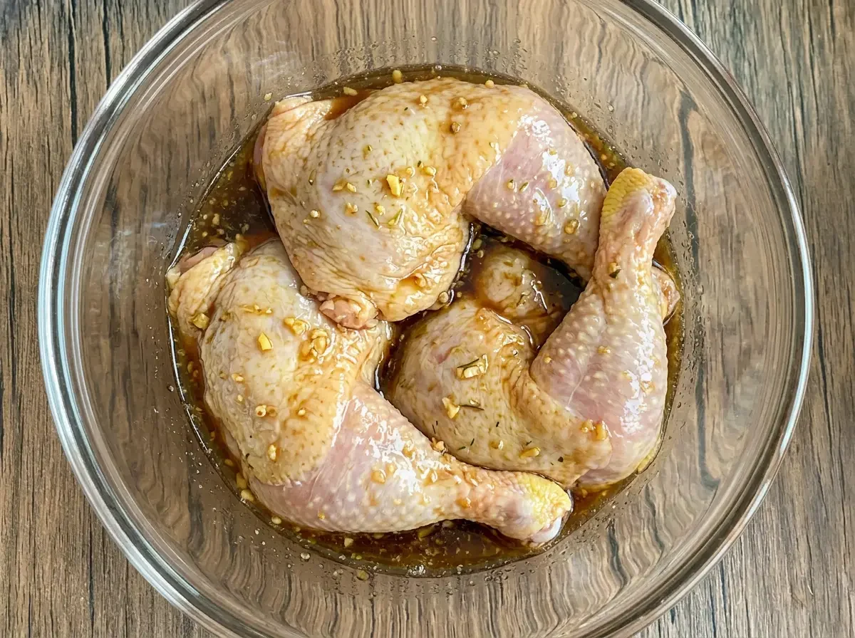 Thailändisches Grillhähnchen in Marinade mit Hähnchenschenkeln, Knoblauch und Gewürzen in einer Glasschüssel