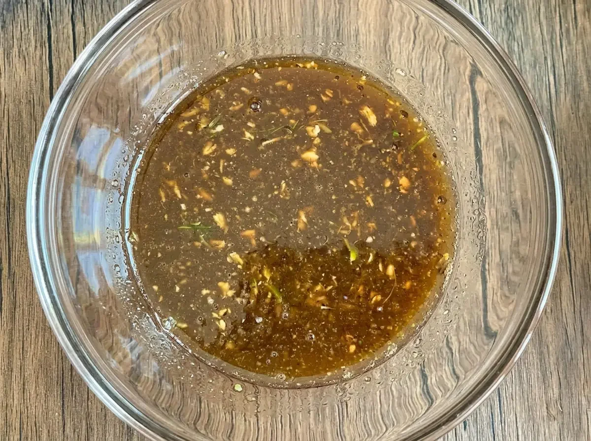 Marinade für thailändisches Grillhähnchen in Glasschüssel mit Gewürzen, Kräutern und dunkler Sauce