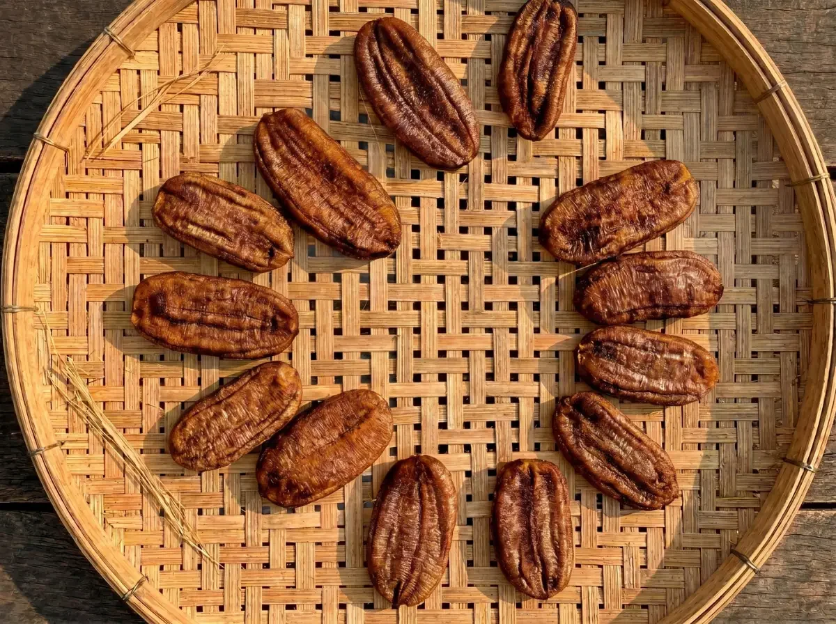 Der fertige thailändische Snack: Vollständig sonnengetrocknete Bananen (Kluay Tak) mit brauner, ledriger Struktur, kreisförmig angeordnet auf einem traditionellen Bambustablett.